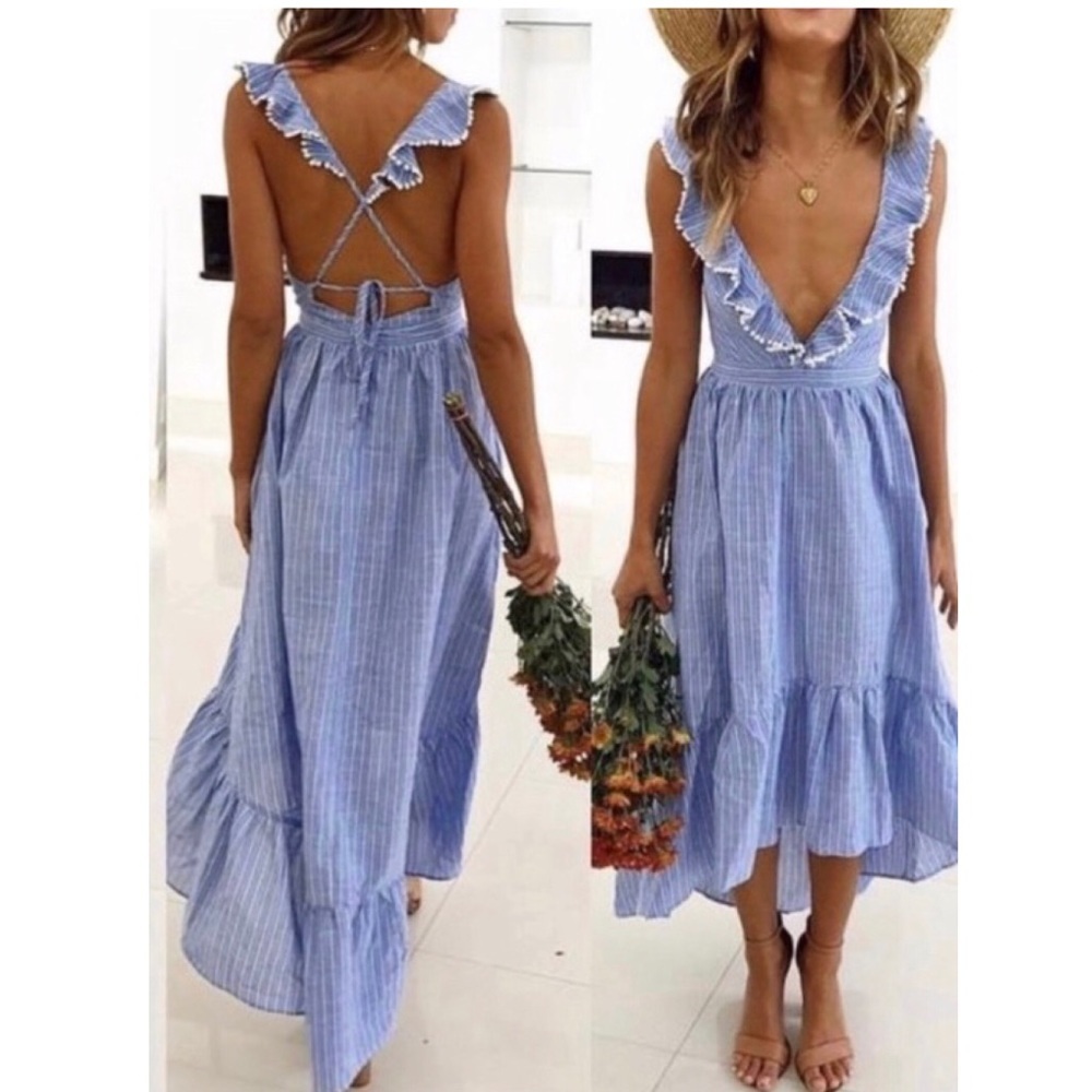 Pinstripe linen ruffle hi lo summer dress